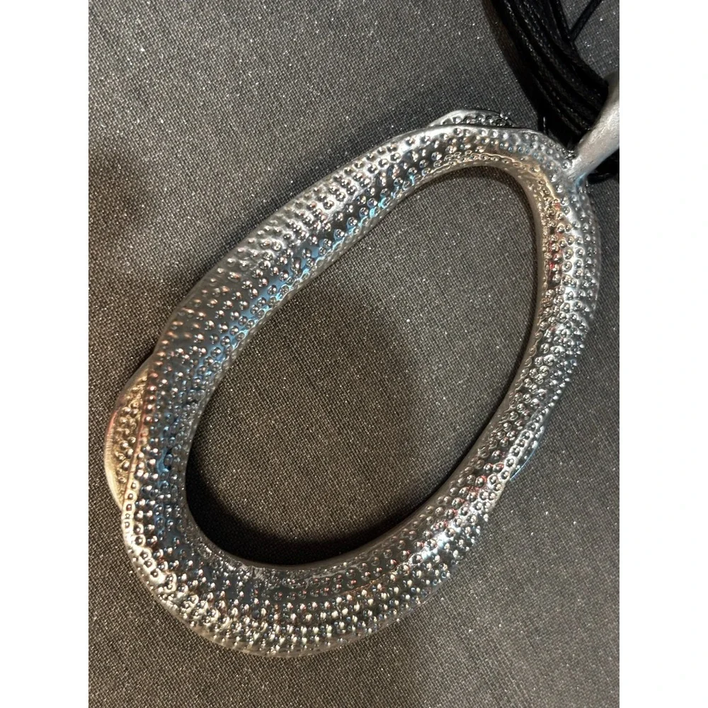 Sweet Lola Silver Tone Textured Large Oval Pendant Black Cord Necklace statement